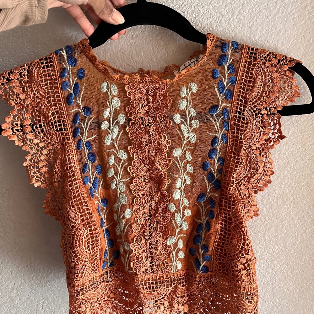 Free People Floral Embroidered Lace Blouse in Rust